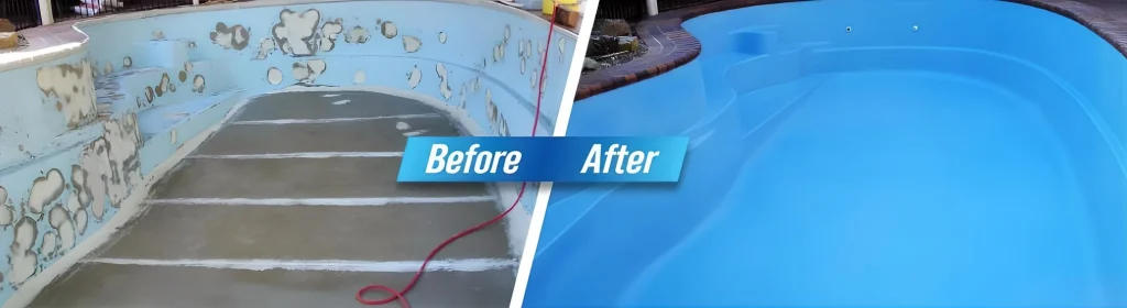 Pool resurfacing before after Gold Coast osmosis damaged steps restored to pristine blue finish